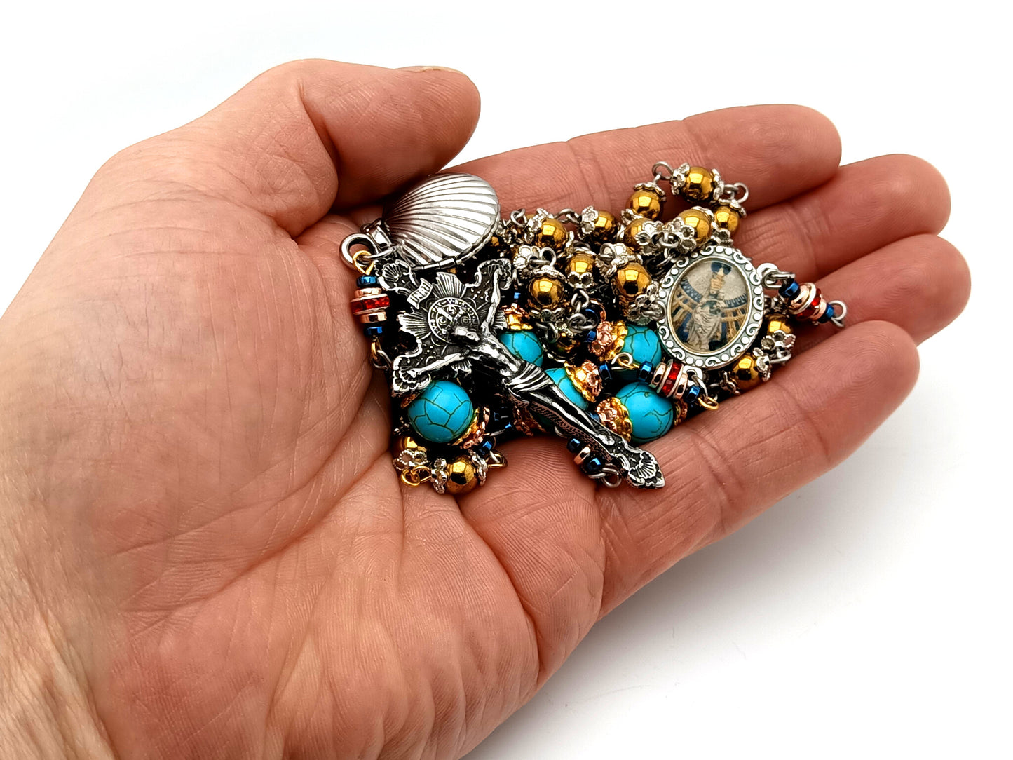 Our Lady of the Pillar unique rosary beads gemstone rosary with stain steel Crucifix and shell pendant.