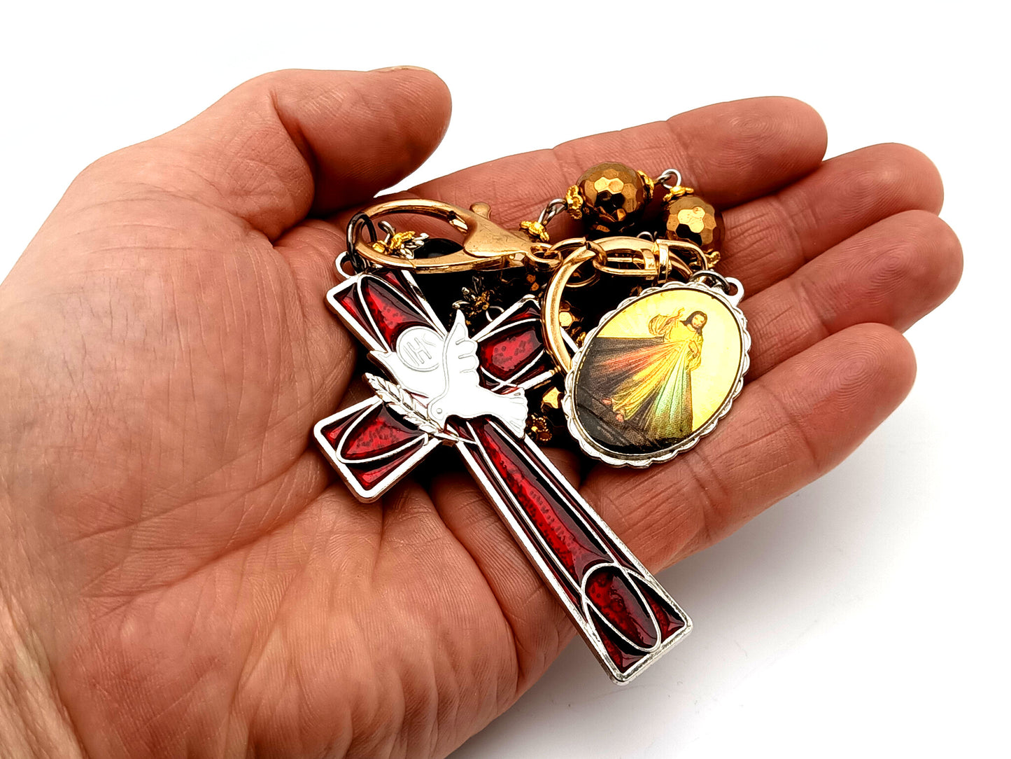 Divine Mercy unique rosary beads large gemstone single decade rosary beads with enamel Holy Spirit cross.