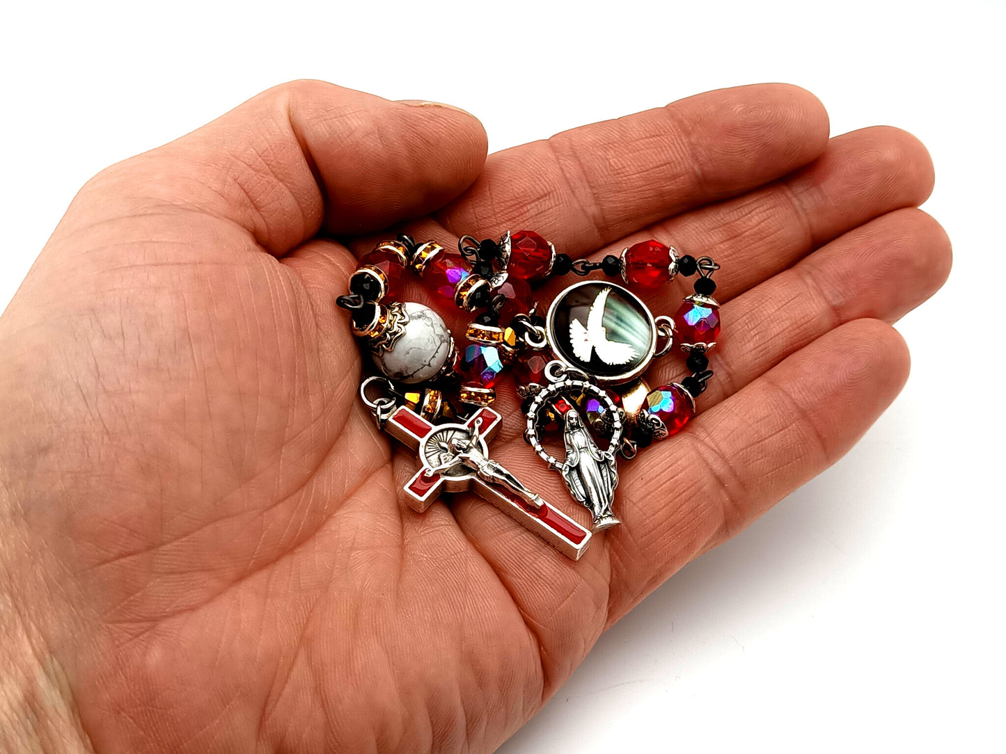 Holy Spirit unique rosary beads glass pocket prayer chaplet with Our Lady of Grace medal and Holy Ghost crucifix.