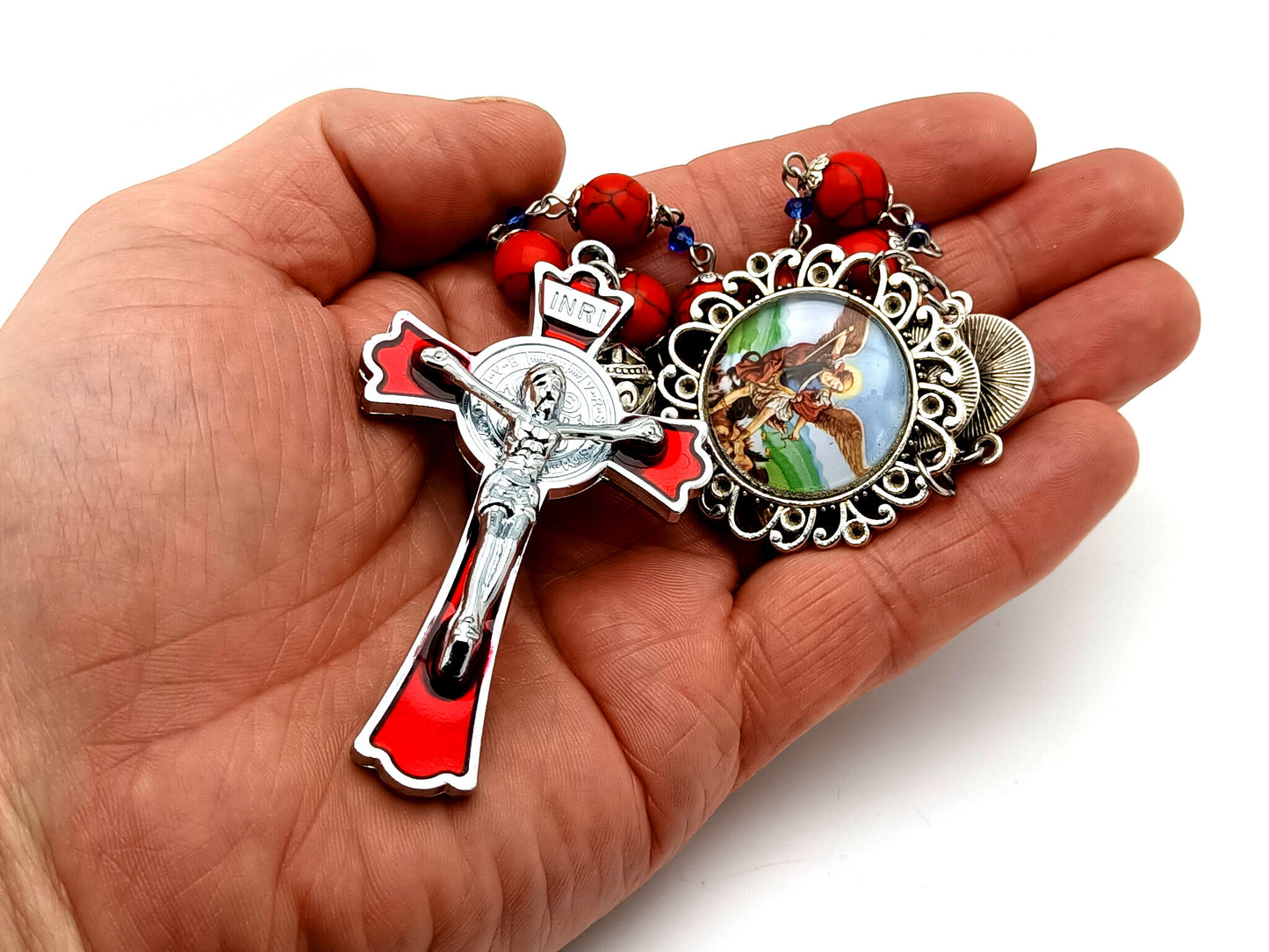 Saint Michael unique rosary beads large gemstone single decade rosary beads with Saint Benedict crucifix.