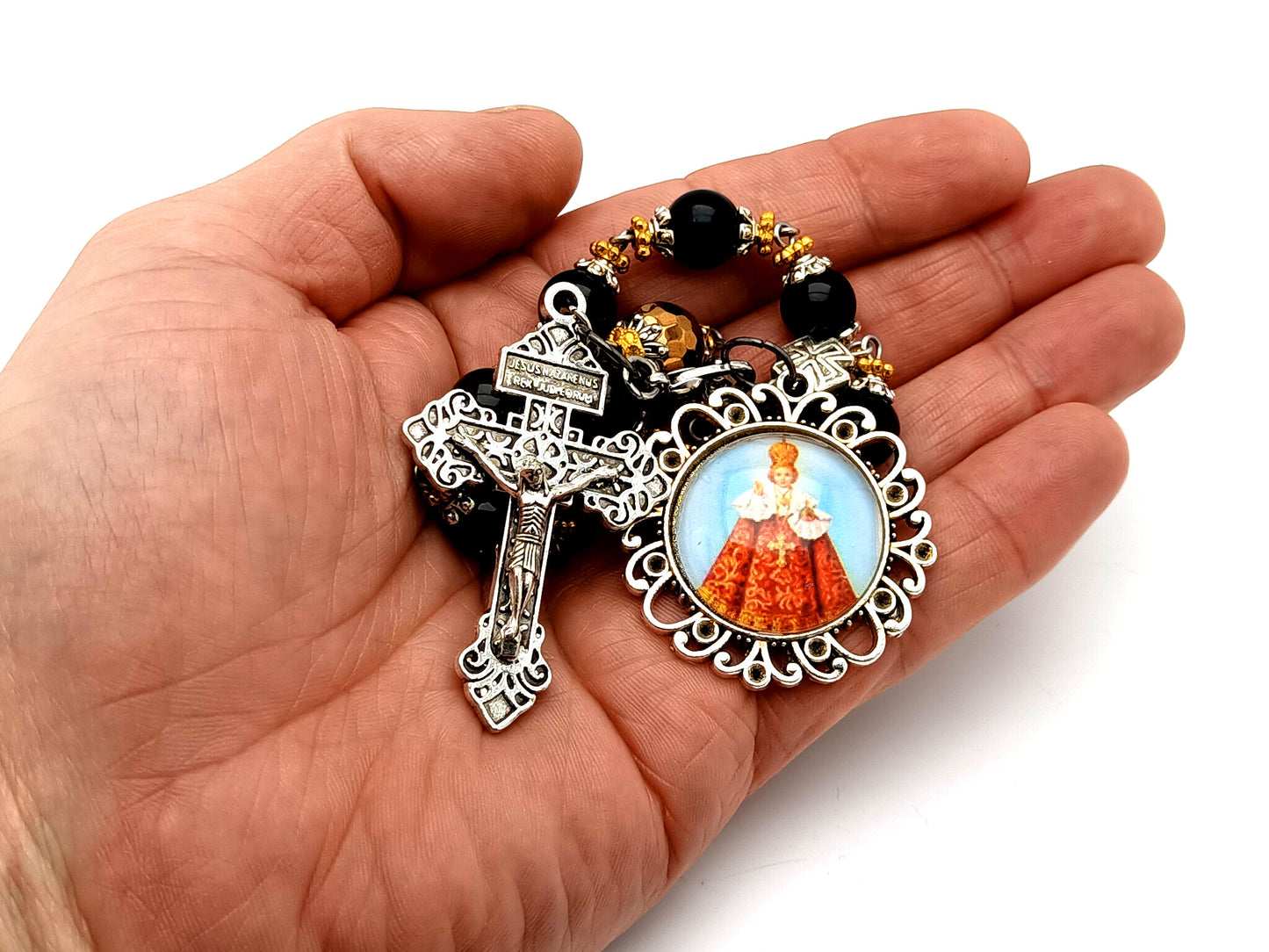 Infant of Prague unique rosary beads onyx gemstone large single decade rosary beads with pardon crucifix.
