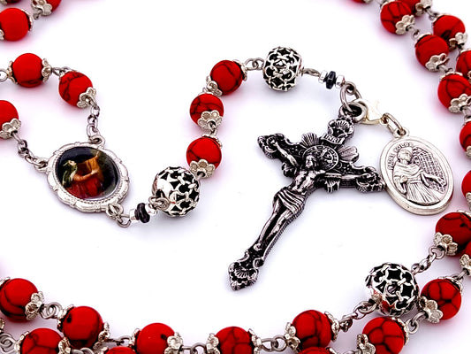 Saint Mary Magdalene unique rosary beads howlite gemstone rosary beads with sunburst Saint Benedict crucifix.