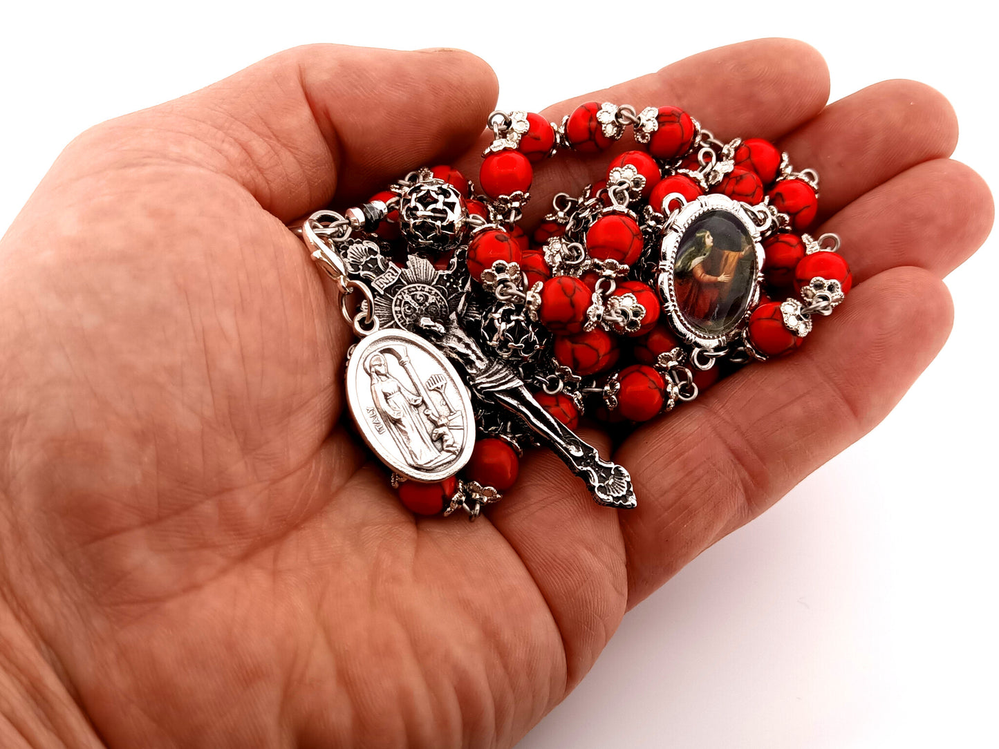 Saint Mary Magdalene unique rosary beads howlite gemstone rosary beads with sunburst Saint Benedict crucifix.