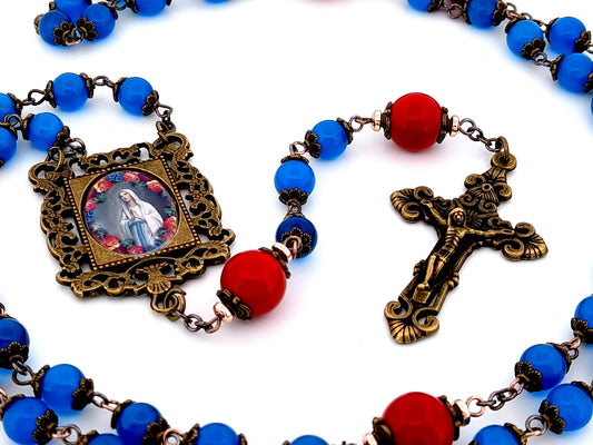 Vintage style Saint Bernadette unique rosary beads glass and gemstone rosary with brass filigree crucifix.