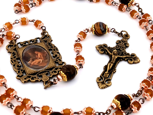 Vintage style unique rosary beads Saint Genevieve tigers eye and glass rosary with brass filigree crucifix.