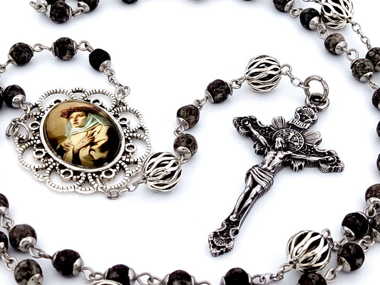 Saint Catherine of Siena unique rosary beads gemstone rosary beads with lattice beads and sunburst crucifix.