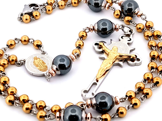 Saint Benedict unique rosary beads gold plated stainless steel wearable rosary bead necklace with Saint Benedict Crucifix.