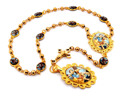 Saint Michael unique rosary beads gold prayer chaplet with picture linking medals and Saint Benedict crucifix.