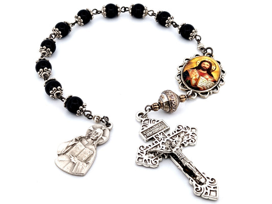 Jesus the Pantocrator unique rosary beads onyx gemstone single decade rosary beads with pardon crucifix.