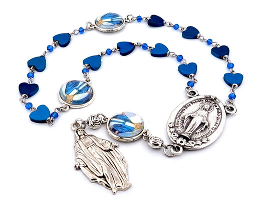 Immaculate Conception unique rosary beads hematite gemstone prayer chaplet with Miraculous medal centre.