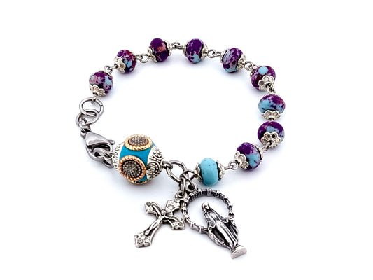 Our Lady of Grace unique rosary beads gemstone single decade rosary bracelet with large enamel Our father bead.