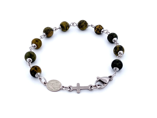 Miraculous medal unique rosary beads men's single decade jasper gemstone rosary bracelet with stainless steel cross.