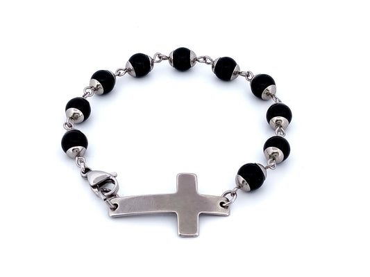 Men's onyx unique rosary beads gemstone single decade rosary bracelet with stainless steel cross.
