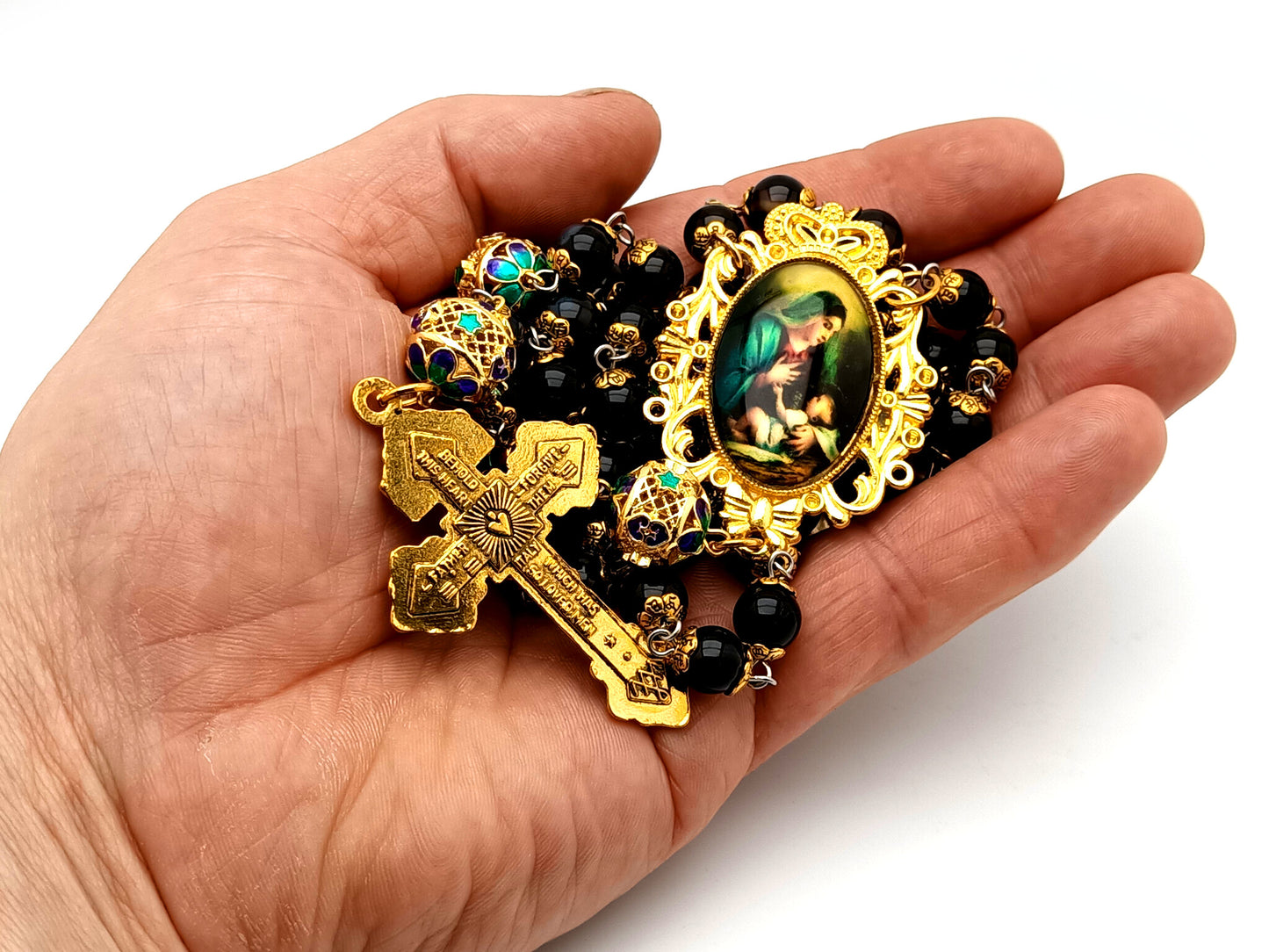 Virgin Mary and Child unique rosary beads gemstone rosary beads with enamel lattice beads and gold pardon crucifix.