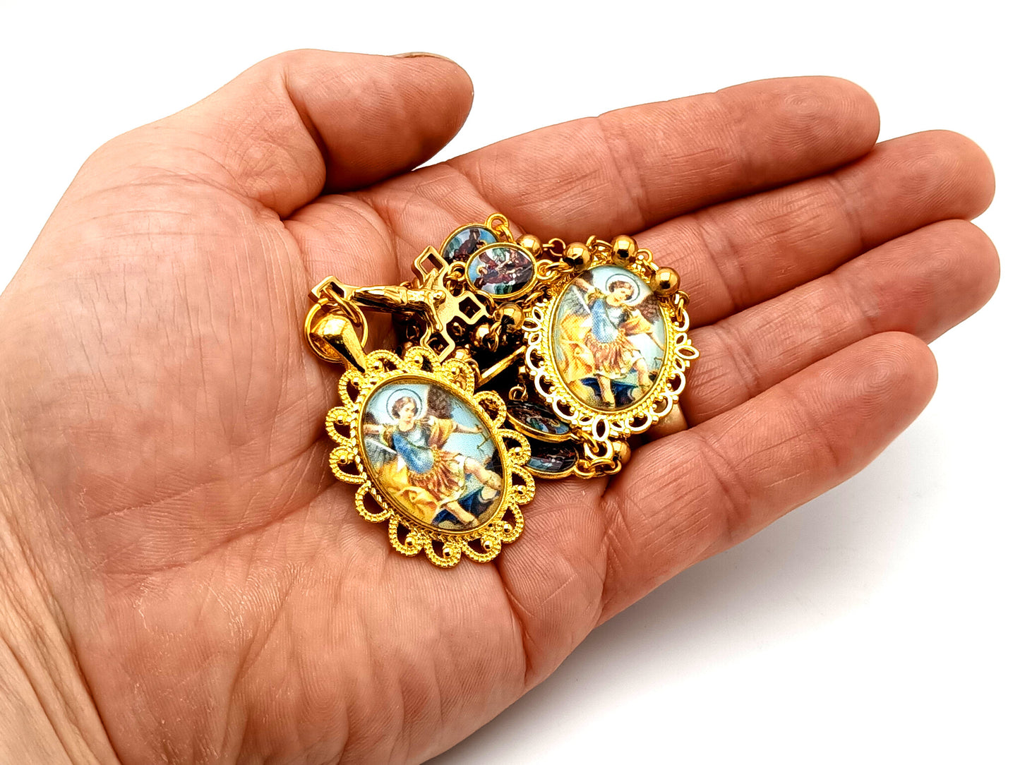 Saint Michael unique rosary beads gold prayer chaplet with picture linking medals and Saint Benedict crucifix.