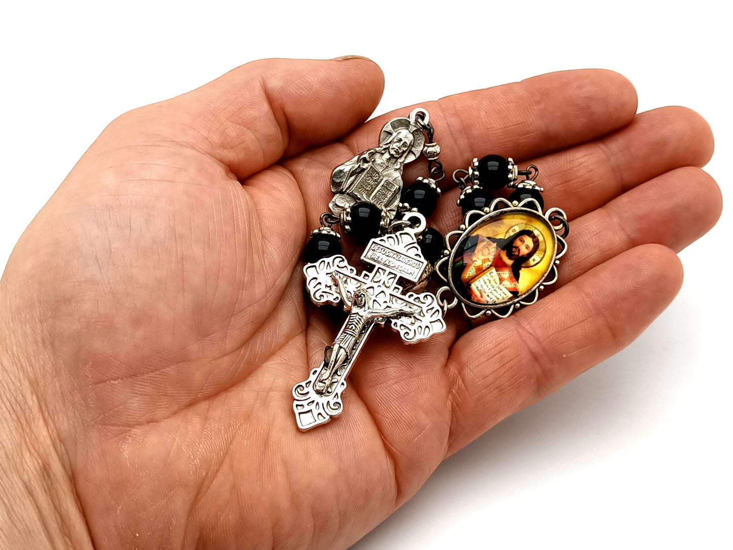 Jesus the Pantocrator unique rosary beads onyx gemstone single decade rosary beads with pardon crucifix.