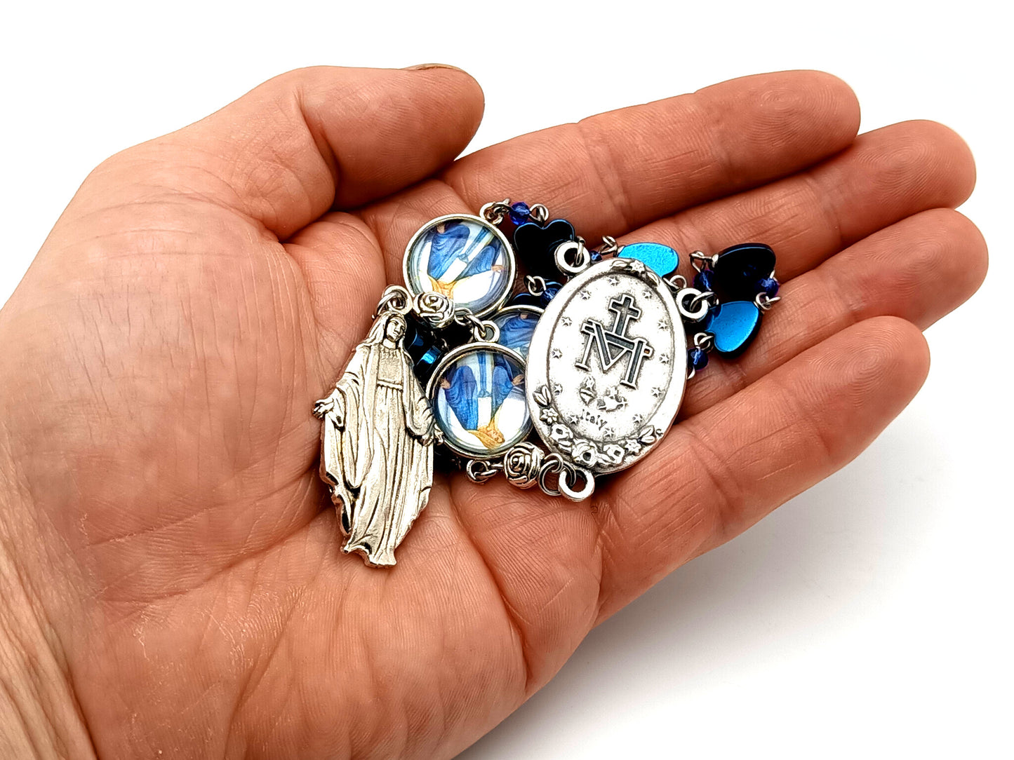 Immaculate Conception unique rosary beads hematite gemstone prayer chaplet with Miraculous medal centre.