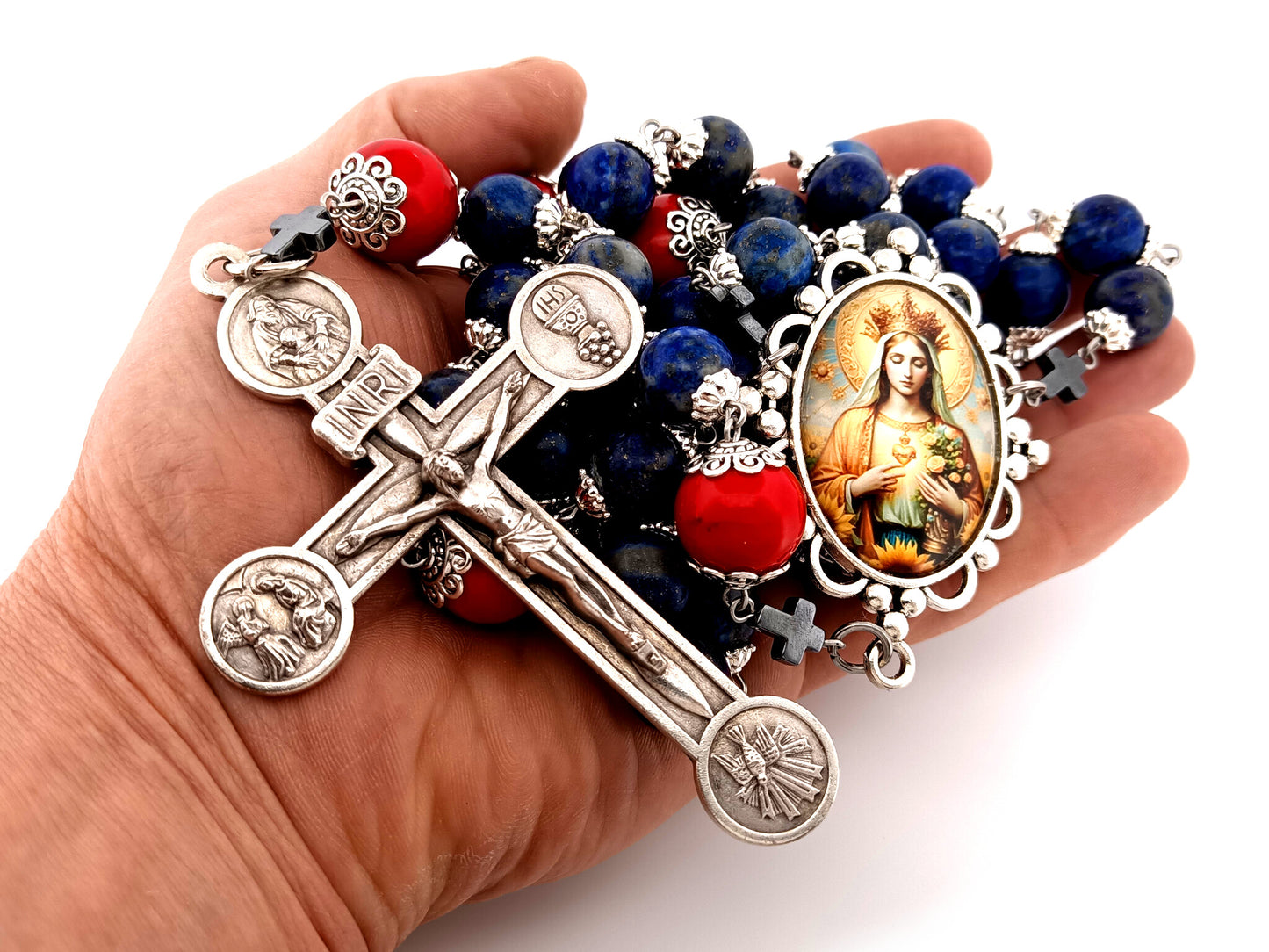 Our Lady Queen of Heaven unique rosary beads Lapis Lazuli gemstone rosary with four Basilica crucifix.