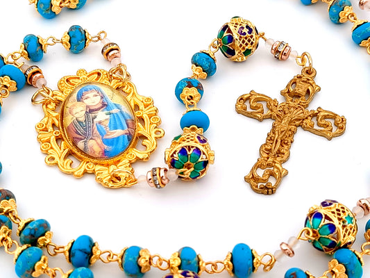 Virgin Mary and Jesus unique rosary beads gemstone rosary beads with gold filigree crucifix and enamel lattice beads.