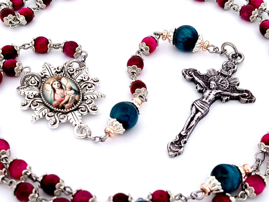 Our Lady Queen of Heaven unique rosary beads tigers eye gemstone rosary beads with sunburst crucifix.