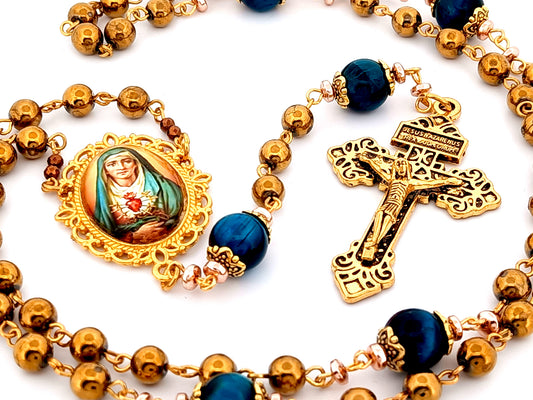 Our Lady of Sorrows unique rosary beads gemstone and tigers eye rosary beads with antique gold pardon crucifix.