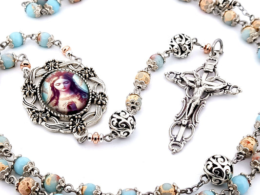 Our Lady Queen of Heaven unique rosary beads jasper gemstone rosary beads with filigree crucifix and beads.
