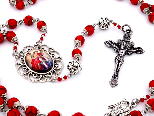 Saint Michael unique rosary beads gemstone rosary beads with sunburst crucifix and archangels medals.