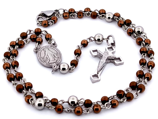 Miniature Miraculous medal unique rosary beads bronze hematite gemstone wearable rosary bead necklace with Saint Benedict crucifix.