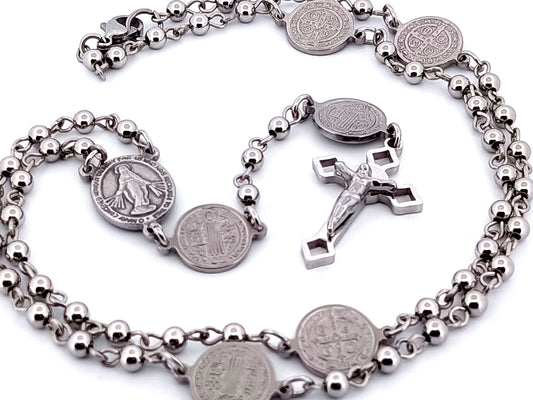 Miraculous medal unique rosary beads stainless steel miniature wearable rosary bead necklace with Saint Benedict Crucifix.