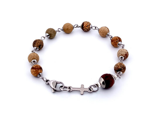 Men's unique rosary beads jasper gemstone and stainless steel single decade rosary bracelet.