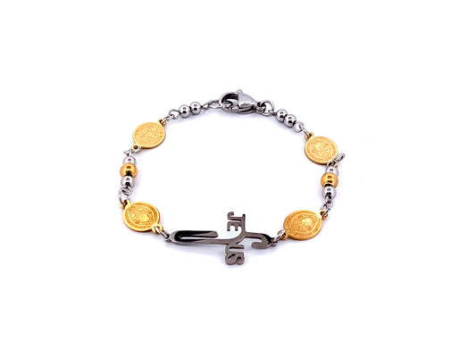 Saint Benedict unique rosary beads gold plated stainless steel bracelet with Jesus linking cross.