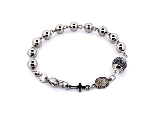 Men's unique rosary beads jasper gemstone and stainless steel single decade rosary bracelet with linking Miraculous medal.