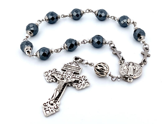 Saint Benedict unique rosary beads faceted hematite gemstone single decade rosary beads with pardon crucifix.