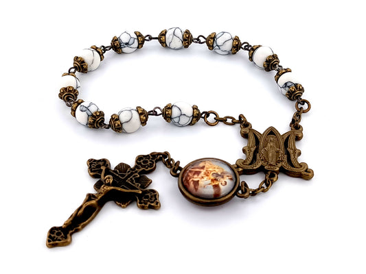 Miraculous medal and Saint Michael unique rosary beads gemstone single decade rosary beads with brass crucifix.