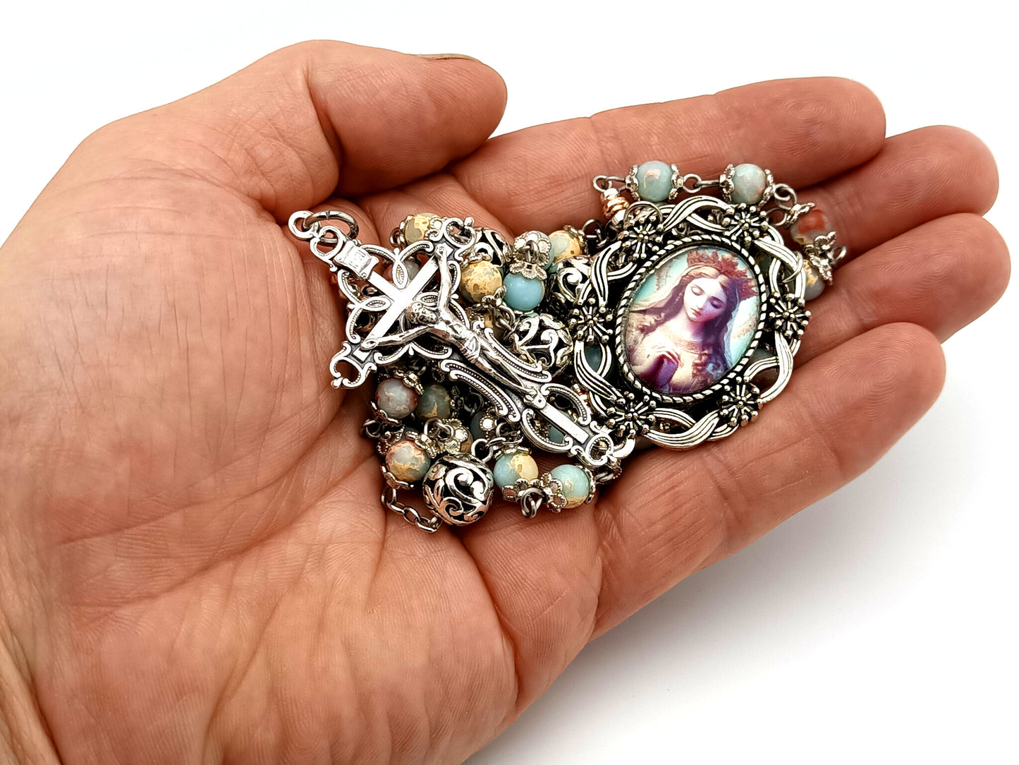 Our Lady Queen of Heaven unique rosary beads jasper gemstone rosary beads with filigree crucifix and beads.