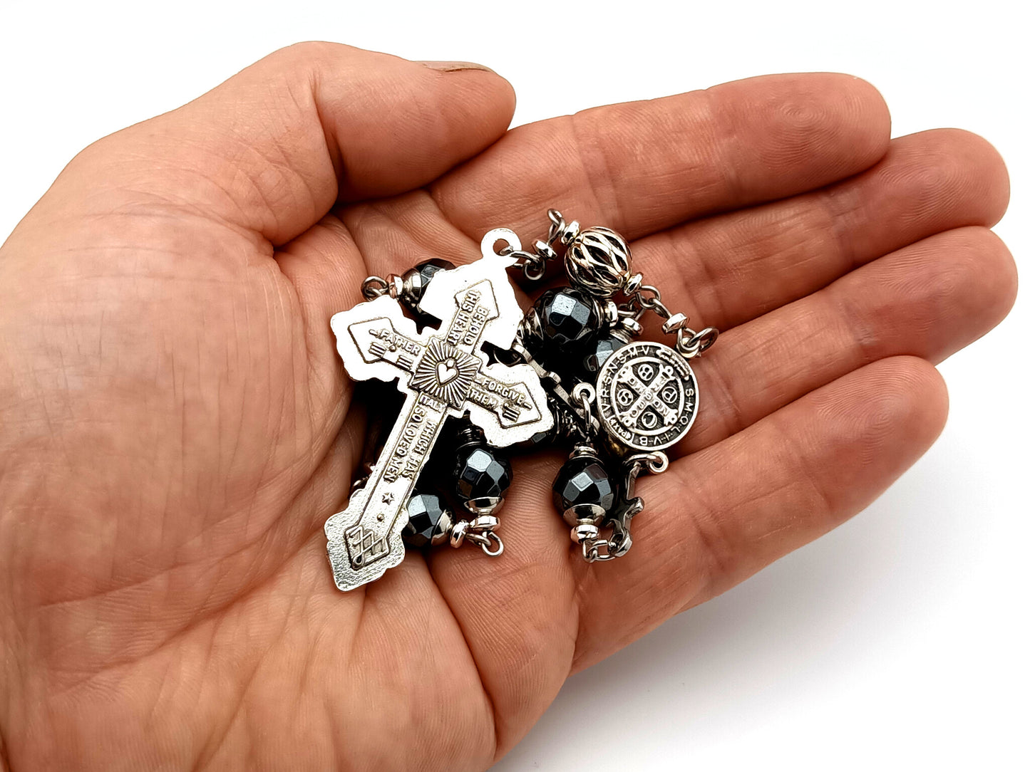 Saint Benedict unique rosary beads faceted hematite gemstone single decade rosary beads with pardon crucifix.