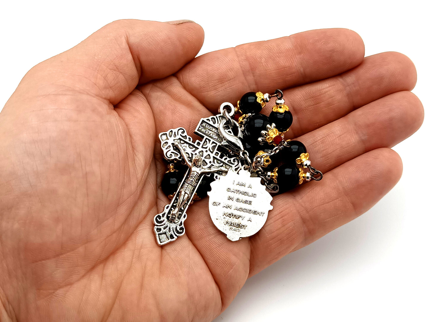 Saint Christopher unique rosary beads onyx gemstone single decade pocket rosary beads with pardon crucifix.