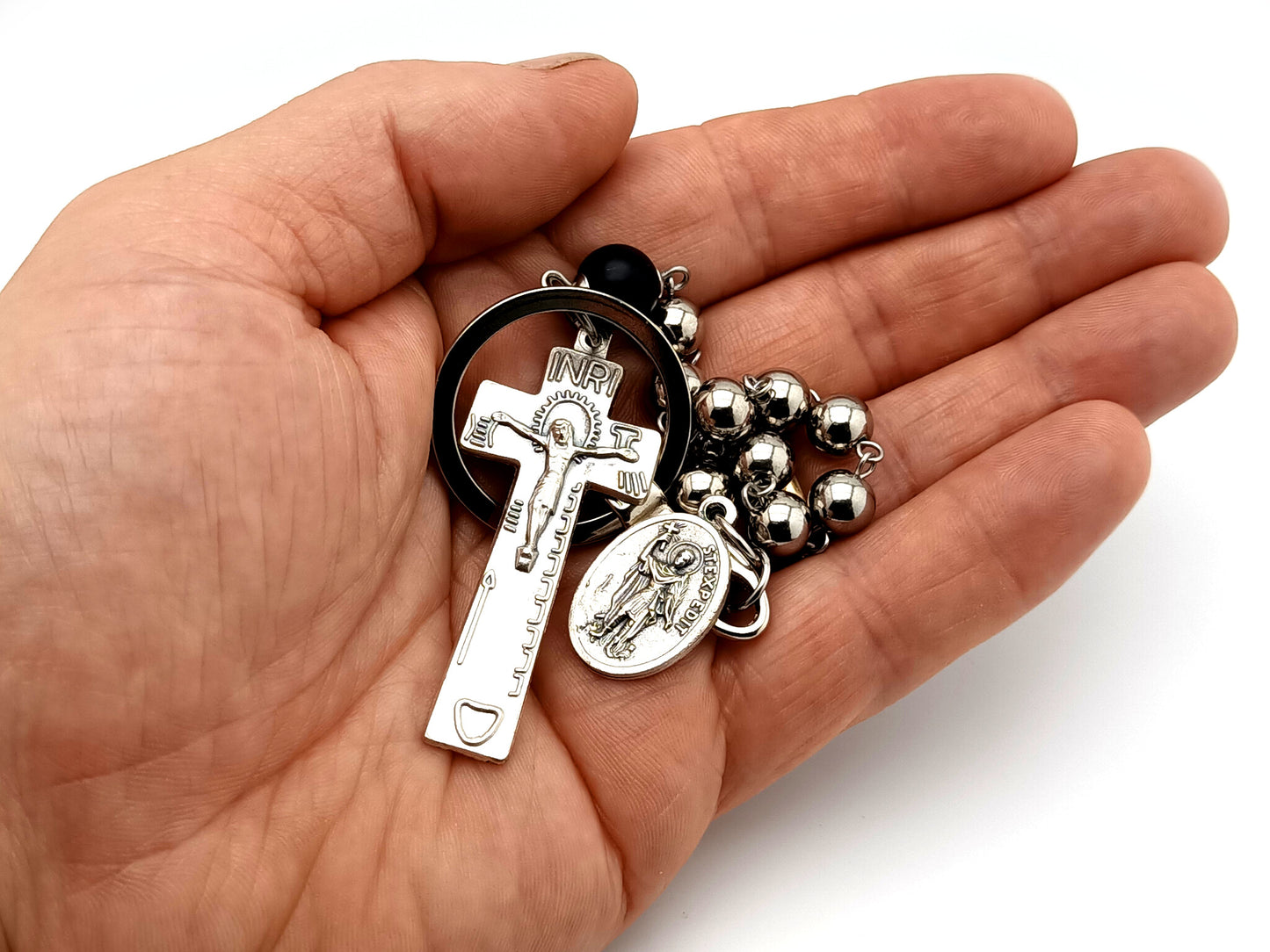 Saint Expedite unique rosary beads stainless steel single decade pocket rosary beads with Irish penal crucifix and loop clip.