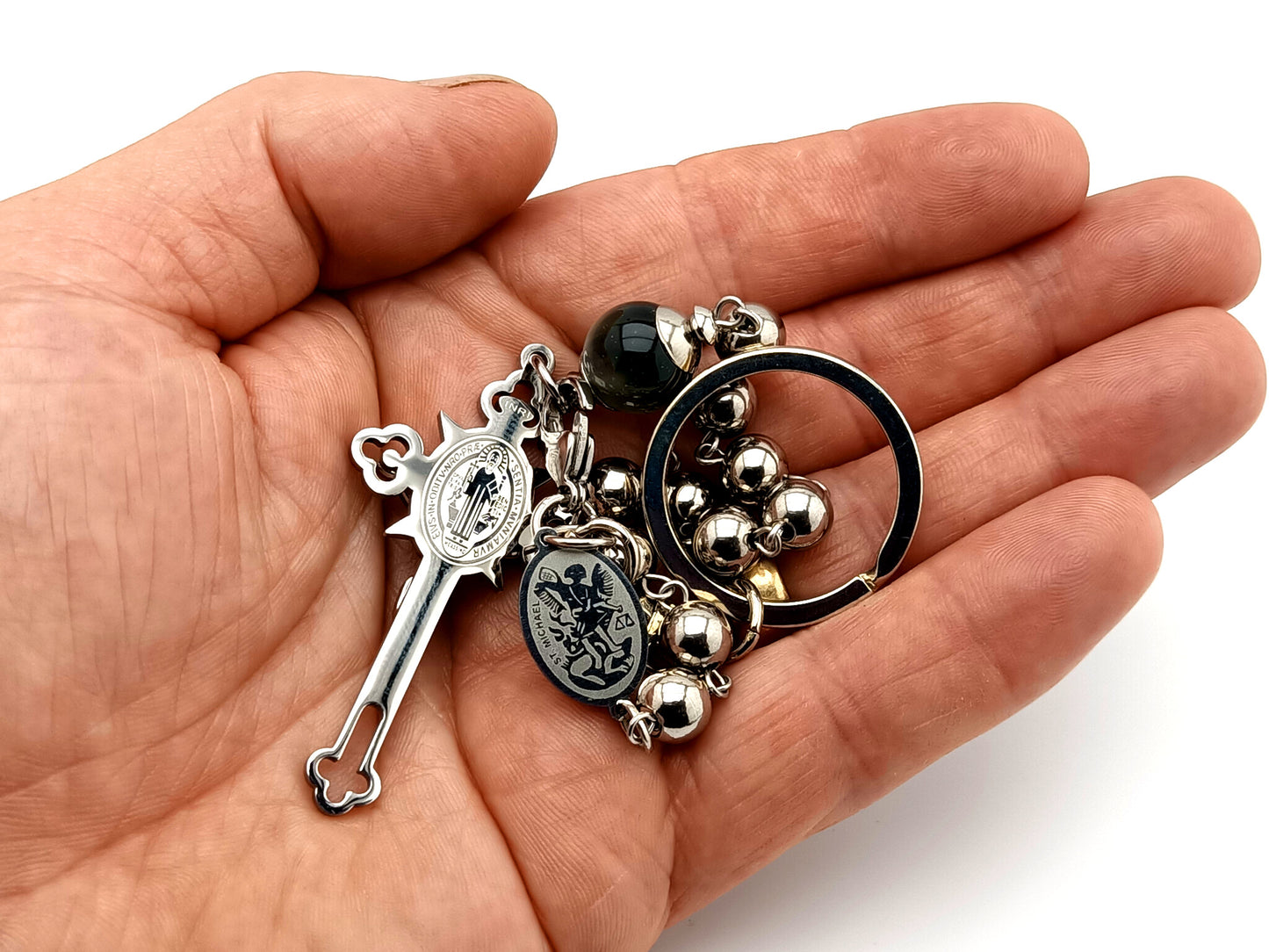 Saint Michael unique rosary beads stainless steel single decade pocket rosary beads with Saint Benedict crucifix.