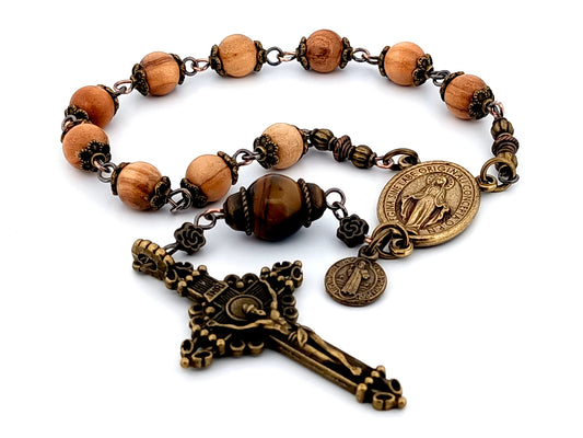 Miraculous Medal unique rosary beads vintage style wood and gemstone single decade rosary beads.