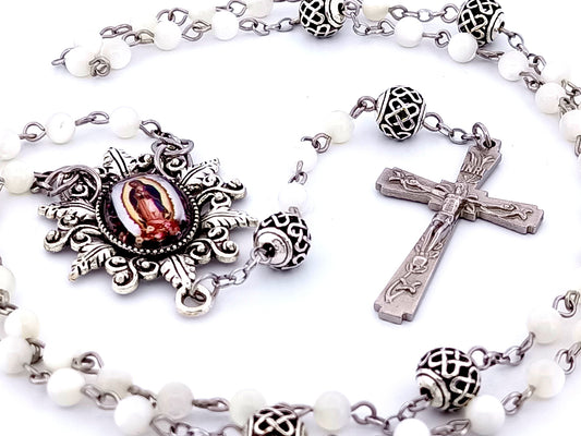 Our Lady of Guadalupe unique rosary beads mother of pearl rosary beads with lattice Our Father beads and Lily crucifix.