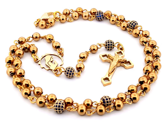 Virgin Mary gold plated unique rosary beads stainless steel and crystal miniature wearable rosary bead necklace with Saint Benedict Crucifix.