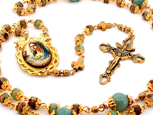 Virgin Mary gemstone rosary beads with marbled gemstone beads and Holy Spirit crucifix.