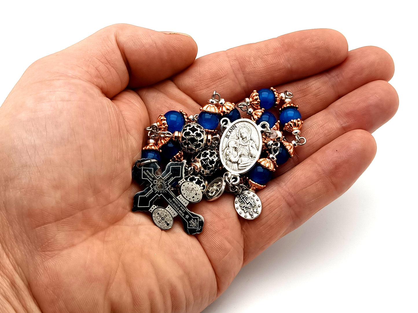 Saint Ann unique rosary beads glass prayer chaplet with stainless steel double sided pardon crucifix and lattice prayer beads.