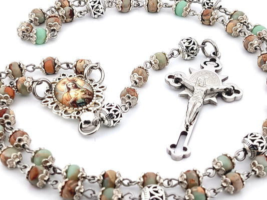 Our Lady Queen of Heaven unique rosary beads jasper gemstone wearable rosary with stainless steel Saint Benedict crucifix.