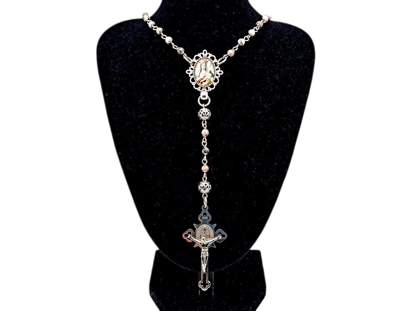 Mother Mary and Child unique rosary beads pink jasper gemstone wearable rosary with stainless steel Saint Benedict crucifix.