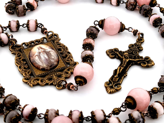 Assumption of Mary unique rosary beads pink jasper and quartz gemstone rosary beads with bronze filigree crucifix.