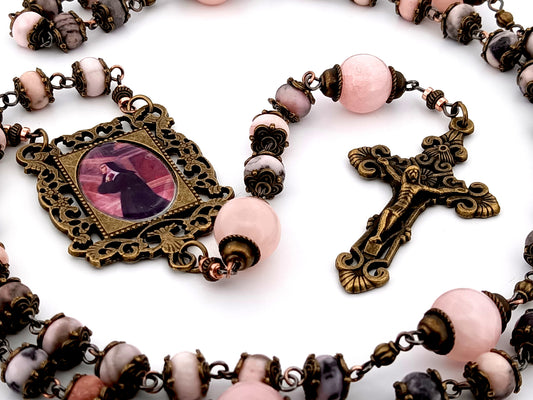 Saint Margaret Mary Alacoque unique rosary beads pink jasper and quartz gemstone rosary beads with bronze filigree crucifix.