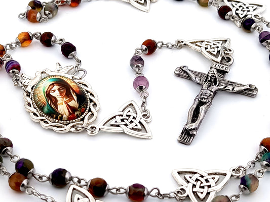 Virgin Mary unique rosary beads multi coloured agate gemstone rosary beads with Holy Trinity Our Father medals and stainless steel crucifix.