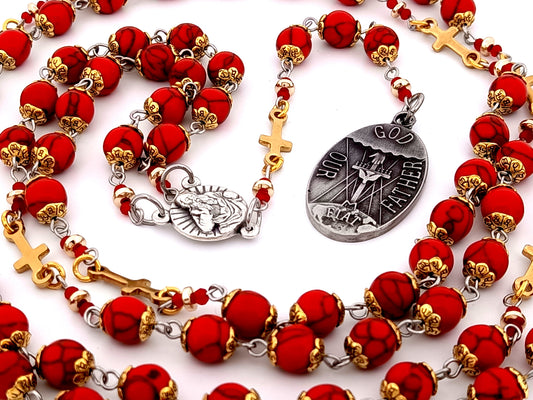 Large God The Father unique rosary beads gemstone prayer chaplet with Holy Octave of Consecration medal and gold crosses.